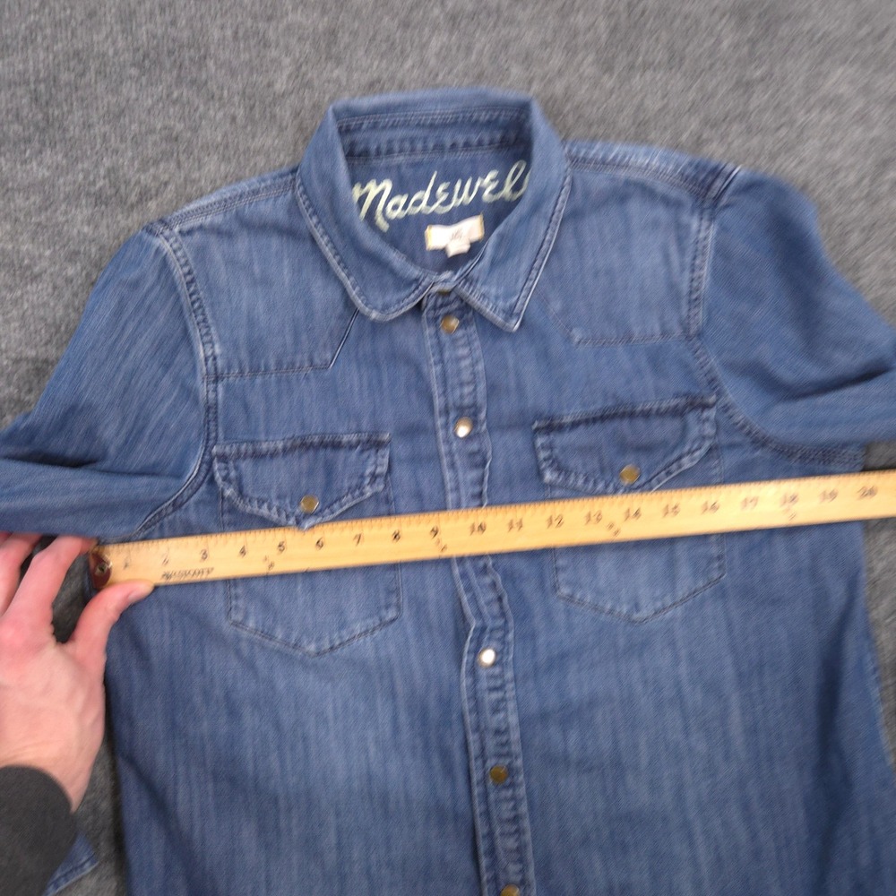 Madewell Denim Shirt Womens L Blue Medium Wash Whiskered Sleeves Snap Front - Picture 4 of 7